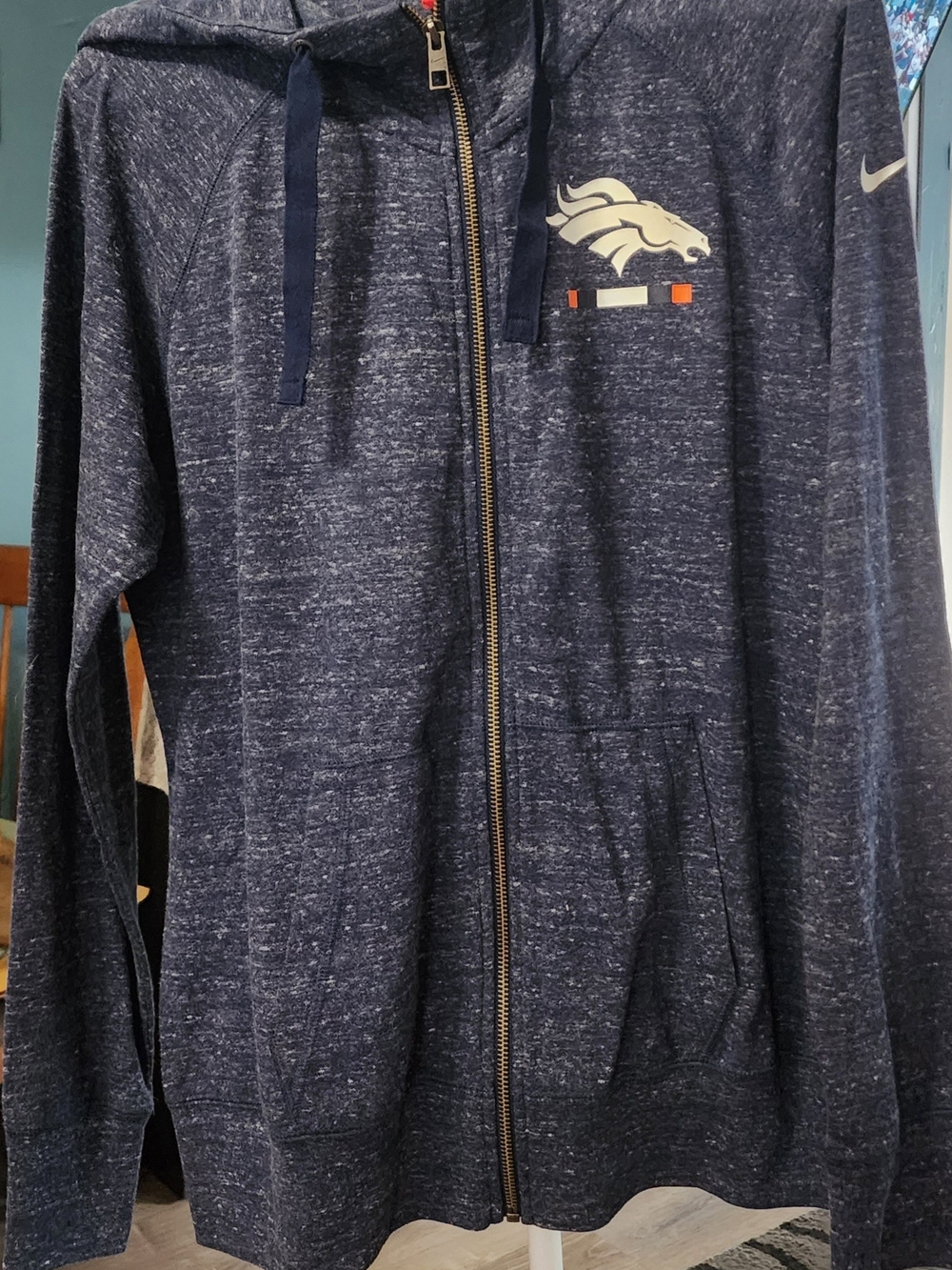 Nike Men's Navy Heather Full-Zip Hooded Sweatshirt with Broncos Logo Sz Lrg